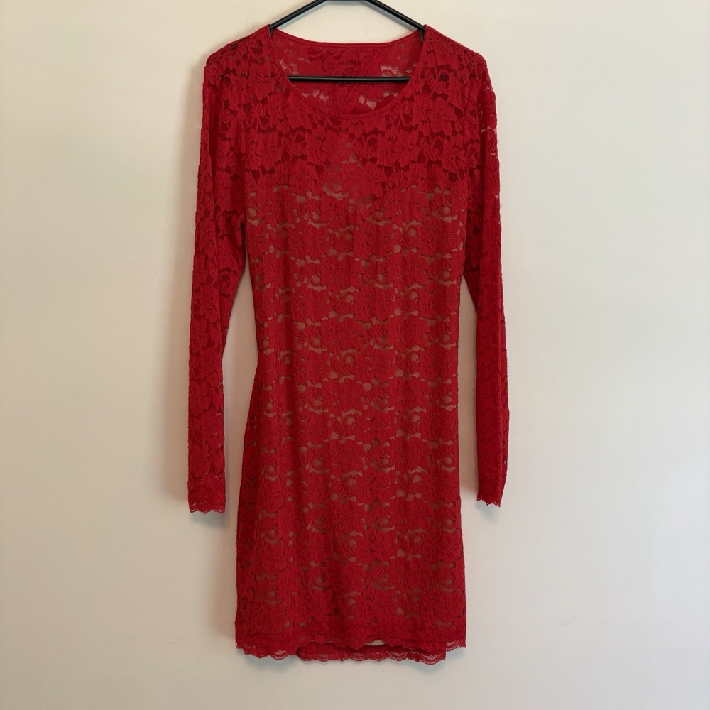 NWT Express Red Lace Backless Short Long Sleeve Mini Dress Y2K Cocktail Party L